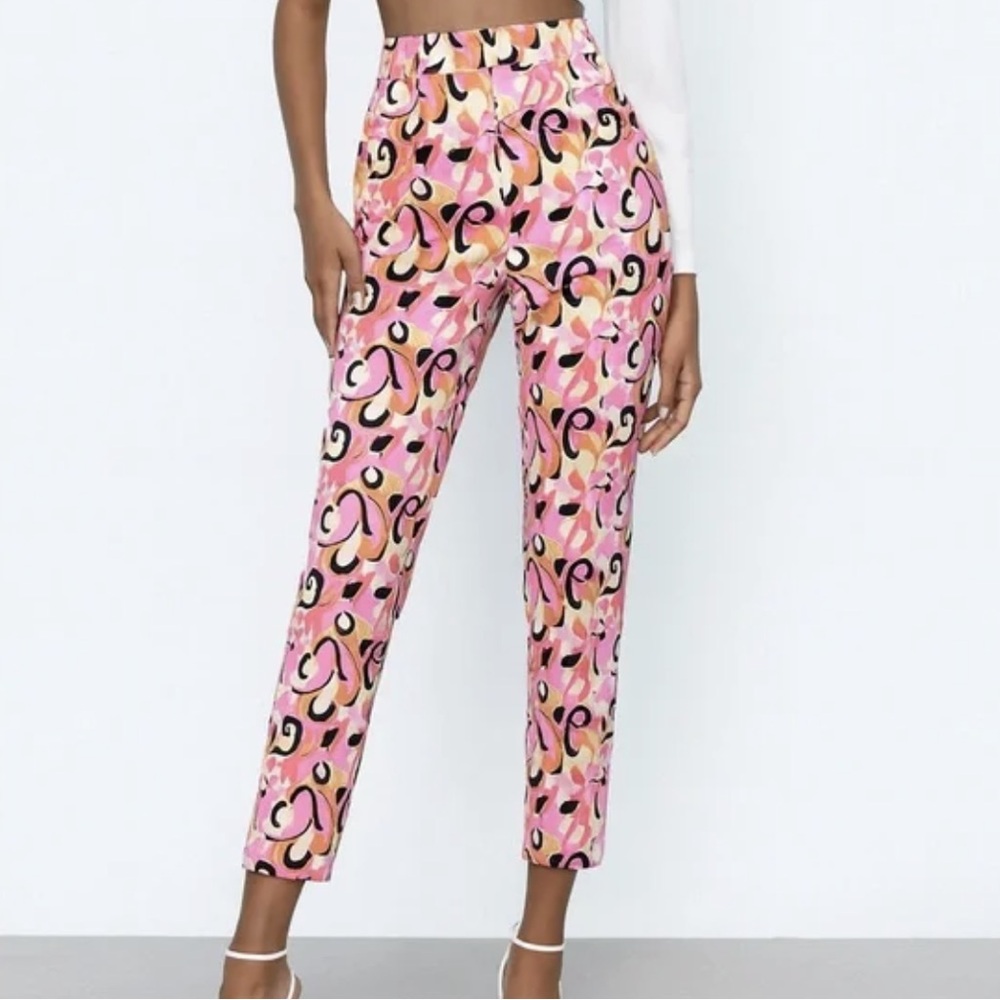 High-Rise Pink Abstract Print Slim Pants